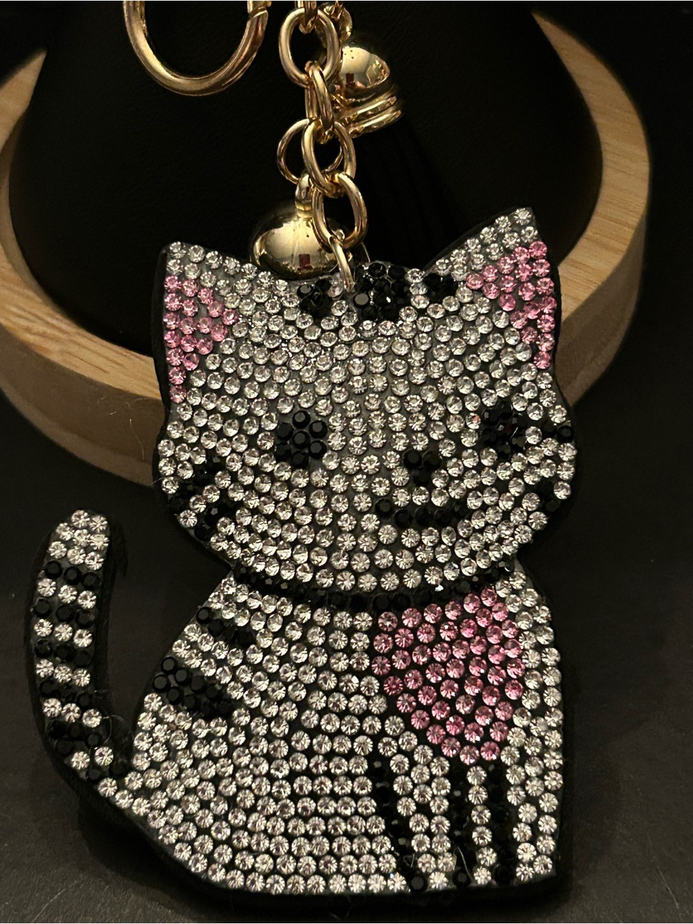 PREMIER Puffy Clear, Pink & Black Crystal Cat Bag Charm Keychain w/Pink 🩷 Heart